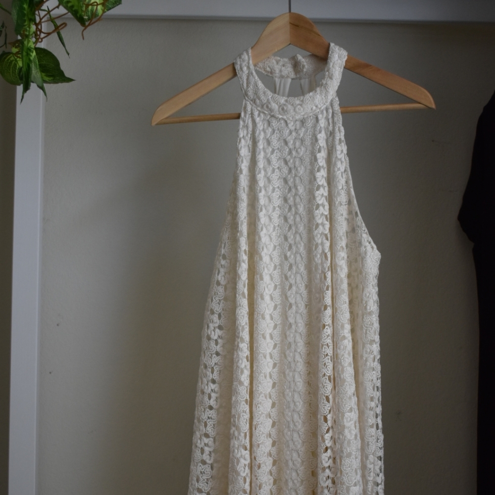 White Lace Knit Halter Dress